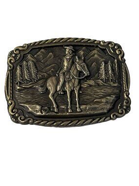 Vintage Western Cowboy Belt Buckle Horse Mountain Scene Antique Gold Tone 3x2